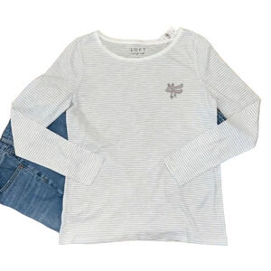**NWT LOFT White & Grey Striped W/Ski Applique Long Sleeve Cotton Tee - SIZE XS